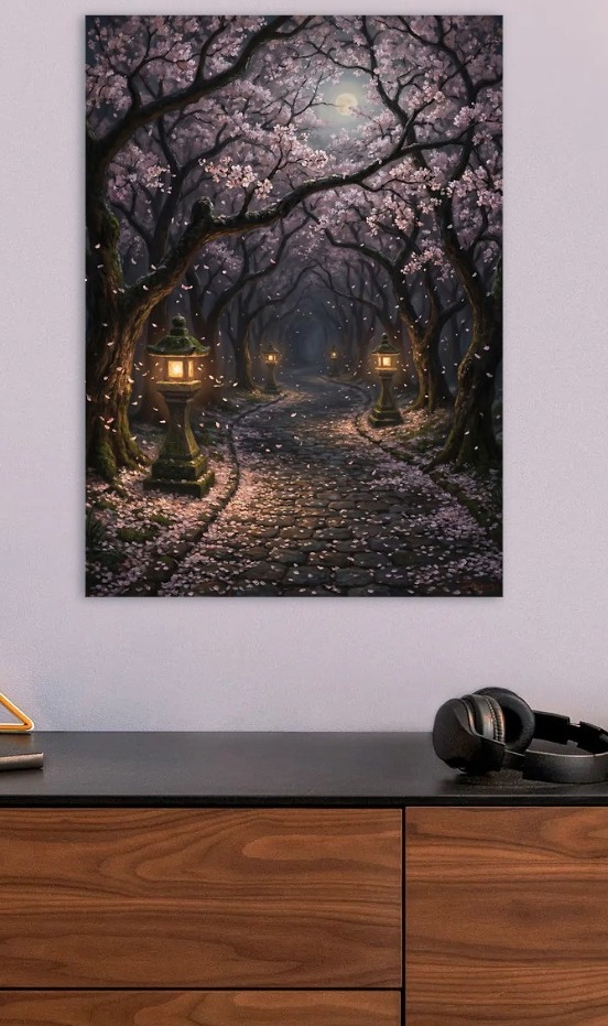 Enchanted Cherry Blossom Path at Night — metal poster wall art by Lineer